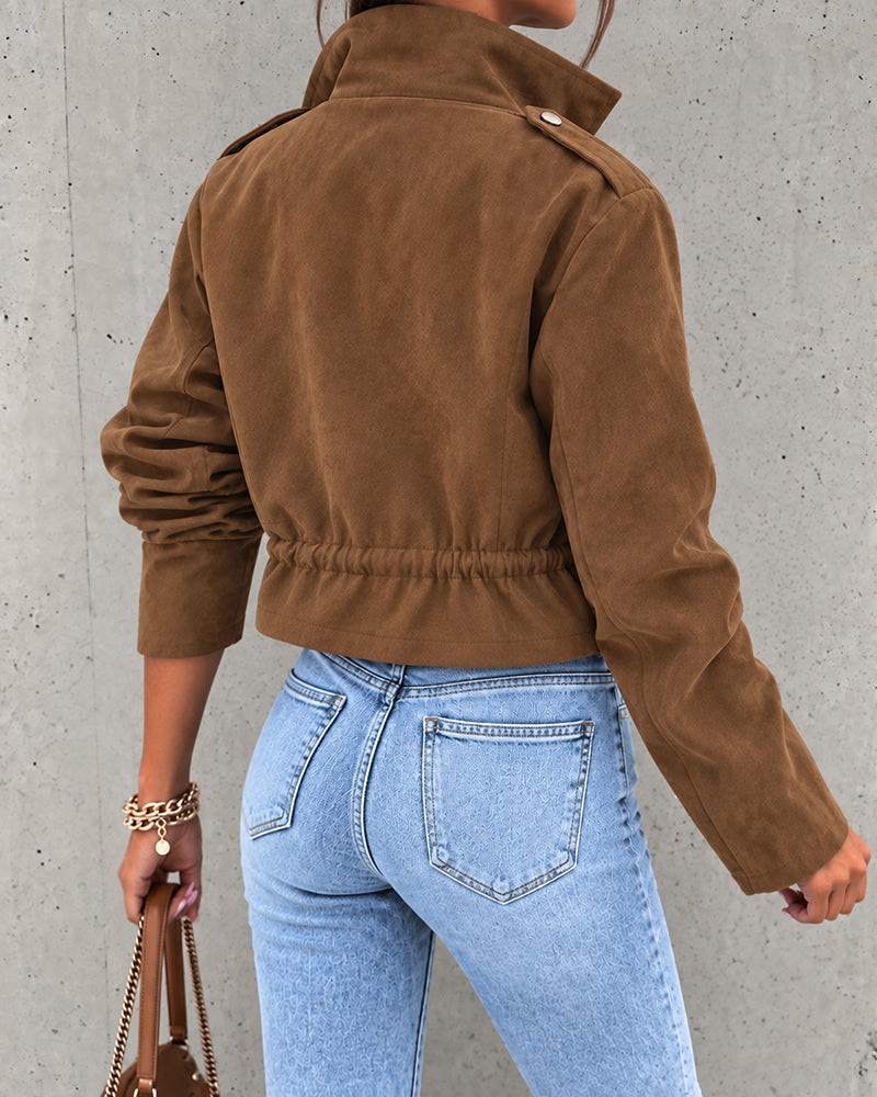 Kurze Utility-Cargojacke für Damen aus Wildleder mit Kordelzug an der Taille, Pattentaschen