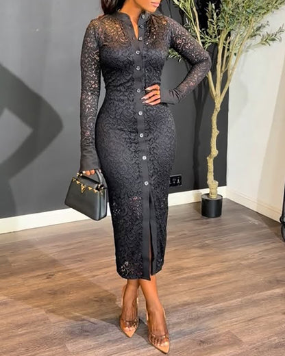 CHICME Women's Stand Collar Floral Lace Mid-length Dress Long Sleeve Button Down Bodycon Dress with Cami Lining Set