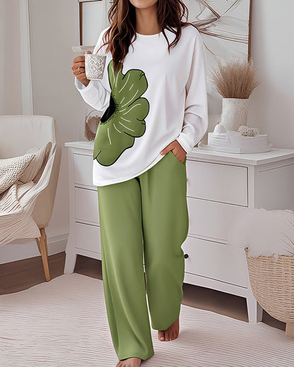 Floral Print Long Sleeve Top and Causal Pants Set