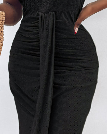 Adjustable Halter Hollow-out Back Ruched Front Slit Dress Guipure Lace Yoke Eyelet Embroidery Vacation Dress