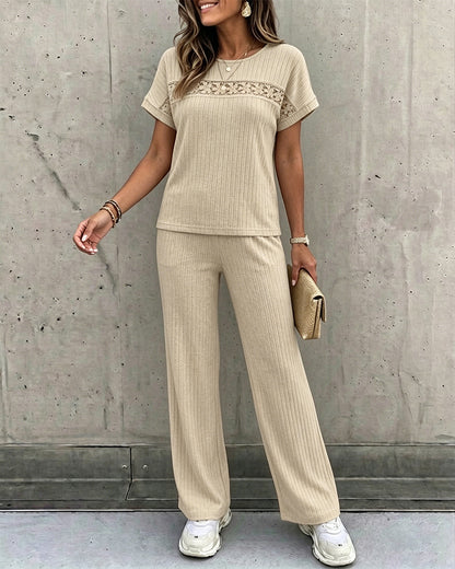 Women's 2 Piece Lounge Set Lace Patchwork Short Sleeve Top and High Waisted Straight Leg Pants Soft Rib-Knit Outfits with Pockets