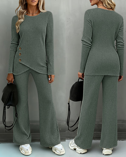 Women's Brushed Ribbed Knit 2 Piece Set Button Long Sleeve Top and Wide Leg Pants with Pockets Casual Loungewear