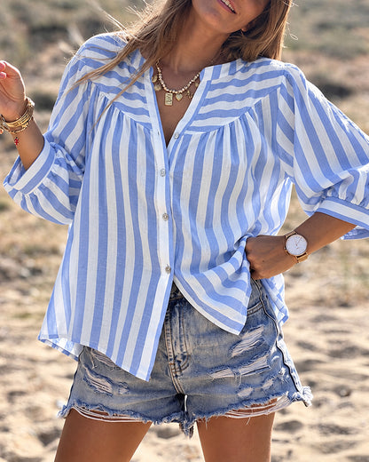 Women's Striped Notch Neck Loose Fit Three Quarters Sleeve Casual Button-Down Top