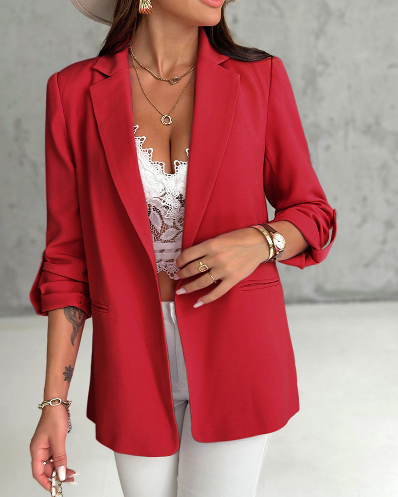 Notched Collar Roll Up Sleeve Blazer Coat