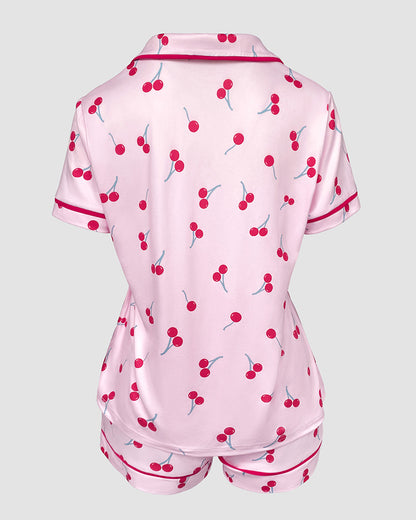 2 Pieces Outfit Notched Collar Short Sleeve Button Front Top and Elastic Waist Shorts Set Casual Cherry Print Contrast Piping Pajamas Set
