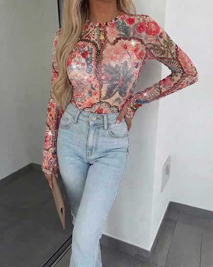 Women's Vintage Floral Rhinestone Mesh Top Slim Fit Long Sleeve Tee with Thumb Holes