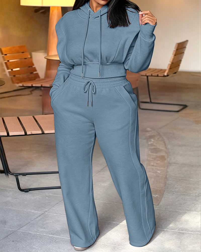 2-teiliges Outfit, langärmliges, kurzes Kapuzenpullover-Sweatshirt mit Kordelzug, Bündchen mit Daumenlöchern und lässigem Jogginghosen-Set mit Kordelzug und elastischer Taille mit weitem Bein 