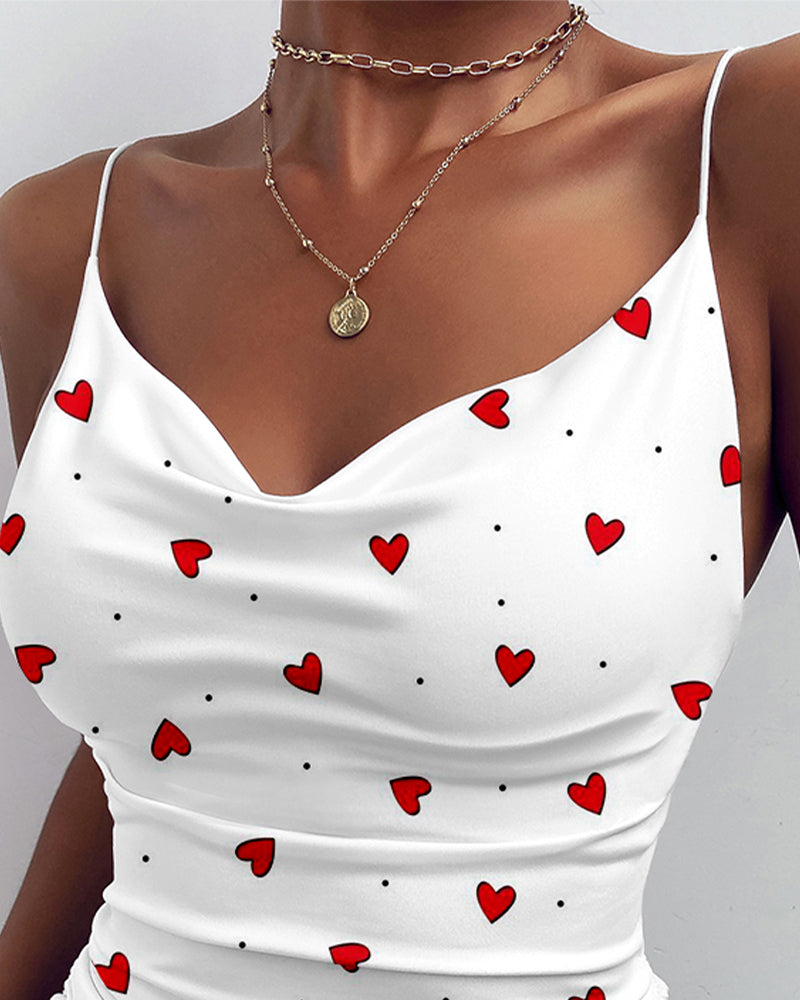 Women's Heart Polka Dot Print Cowl Neck Tank Top Side Drawstring Ruched Backless Slim Fit Cami Top