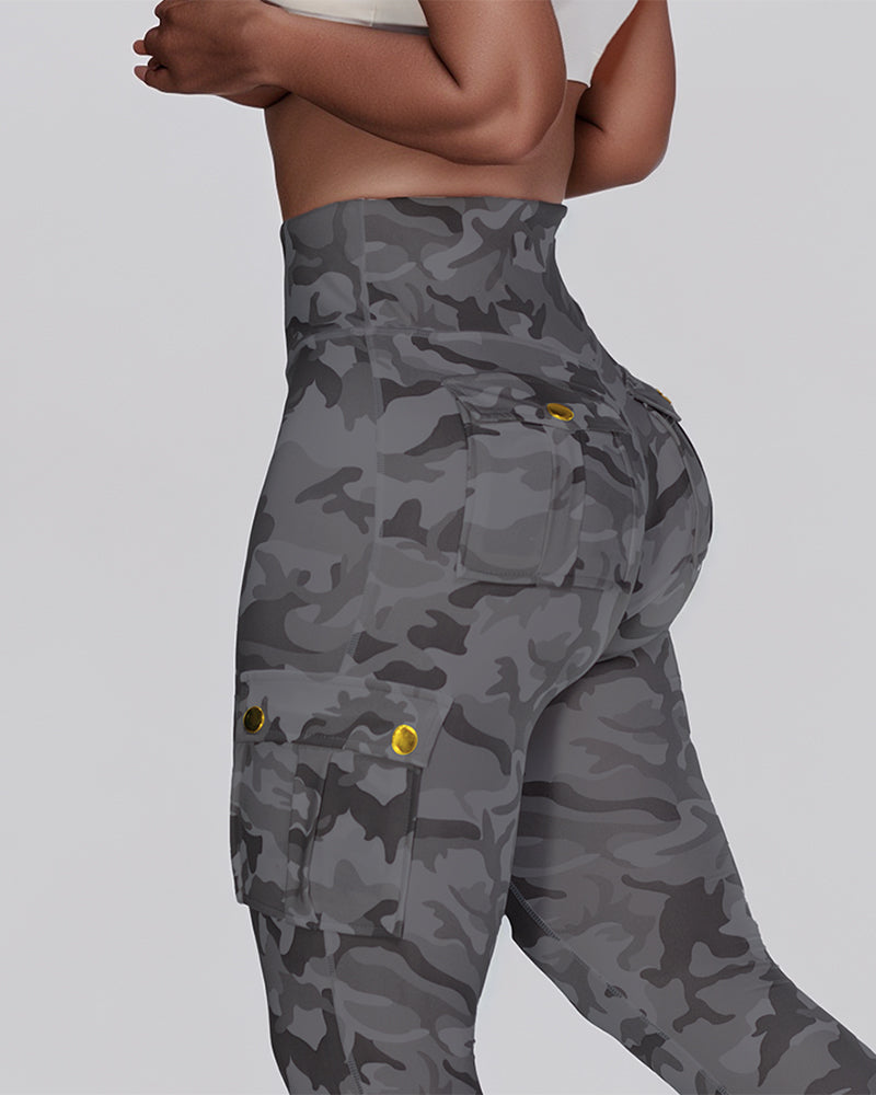 Camouflage Print High Waist Skinny Leggings with Cargo Flap Pockets Casual Pants