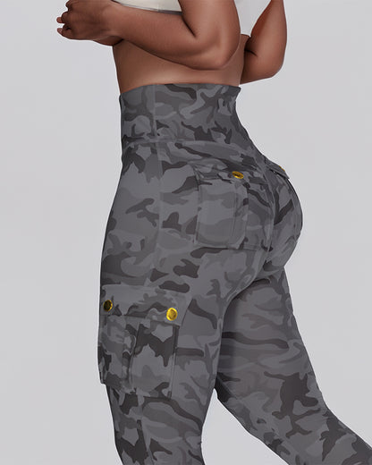 Camouflage Print High Waist Skinny Leggings with Cargo Flap Pockets Casual Pants