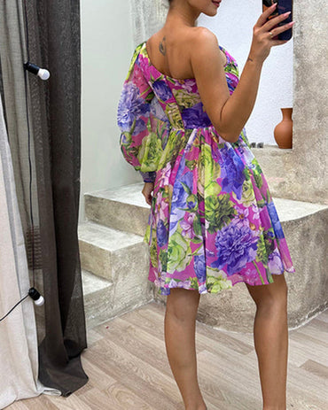 Floral Print Lantern Sleeve One Shoulder A Line Dress Casual Zipper Side Ruched Vacation Dress