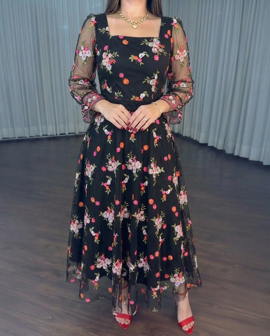 Vintage Square Neck Flared Cuffs Embroidered Floral Pattern Sheer Mesh Overlay Maxi Dress Elegant Shirred Back Cinched Waist Backless Evening Dress with Belt