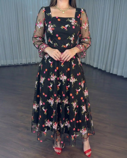 Vintage Square Neck Flared Cuffs Embroidered Floral Pattern Sheer Mesh Overlay Maxi Dress Elegant Shirred Back Cinched Waist Backless Evening Dress with Belt