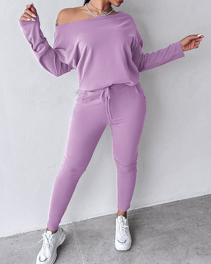 2 Pieces Outfit Long Sleeve Skew Neck Pullover Top And Drawstring Elastic Waist Slim Fit Pants Set