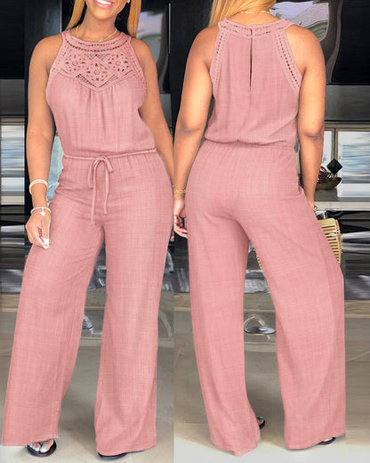 Women's Halter Jumpsuit Lace Trim Backless Overalls Tied Detail Wide Leg Jumpsuit with Pockets
