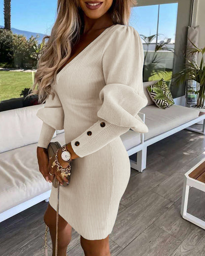 Puff Gigot Sleeve Buttoned Knit Bodycon Dress