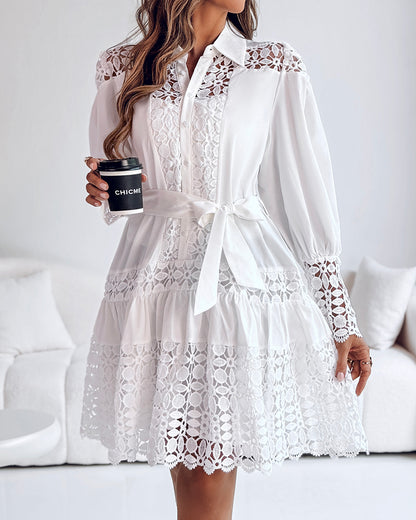 Contrast Lace Hollow Out Long Sleeve Blouse Dress Casual Tied Detail Mini Dress