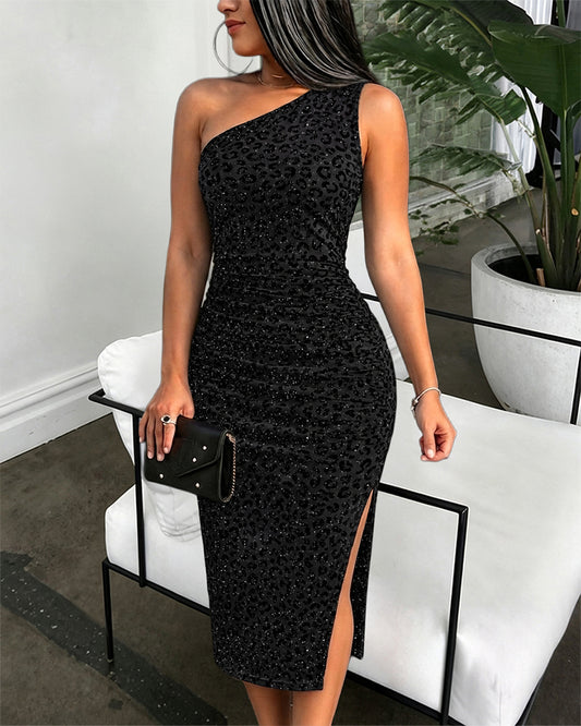 Vestido midi de fiesta para mujer, ajustado, de un hombro, con motivo de leopardo flocado brillante, fruncido y abertura