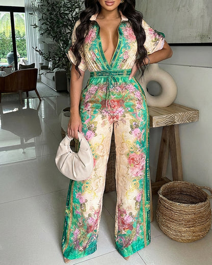 Vintage Floral Print Turn-down Collar Roll Up Sleeve Button Front Overalls Casual Drawstring Stretchy Waist Wide Leg Vacation Jumpsuit