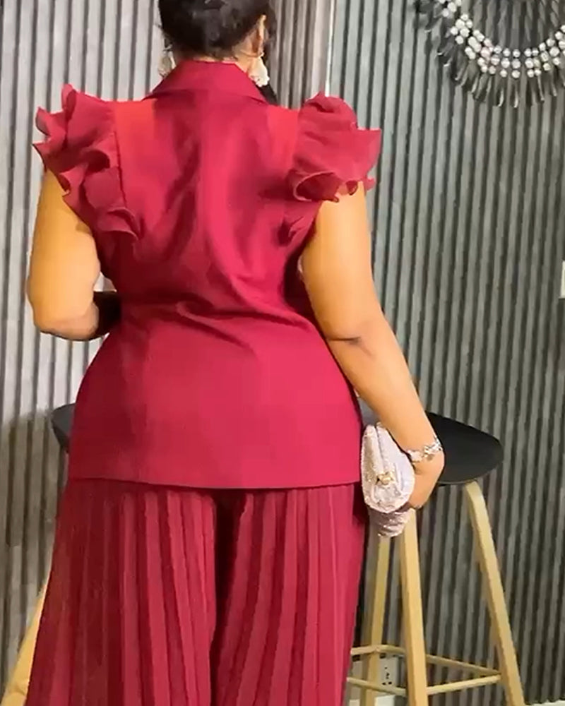 Trendy Two-Piece Set Ruffles Sleeve Waist Tied Detail Blazer and Casual Wide Leg Pleated Pants Set