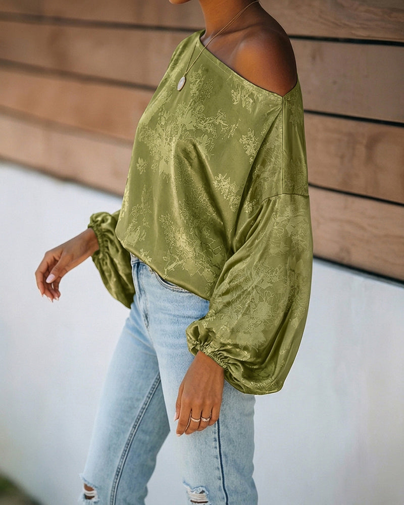 Women's Satin Jacquard Skew Neck Top Loose Vintage Lantern Sleeve Blouse