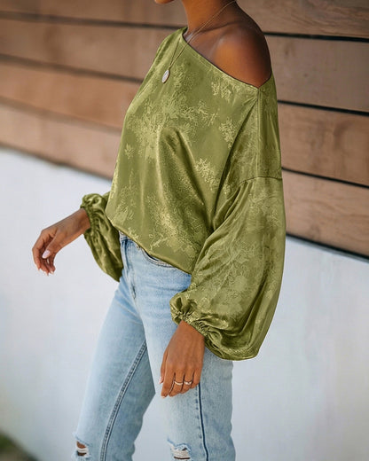 Women's Satin Jacquard Skew Neck Top Loose Vintage Lantern Sleeve Blouse