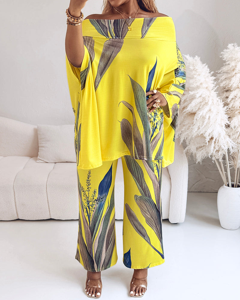 2 Pieces Outfit Plants Print Cold Shoulder Batwing Sleeve Top and Casual Wide Leg Pants Set