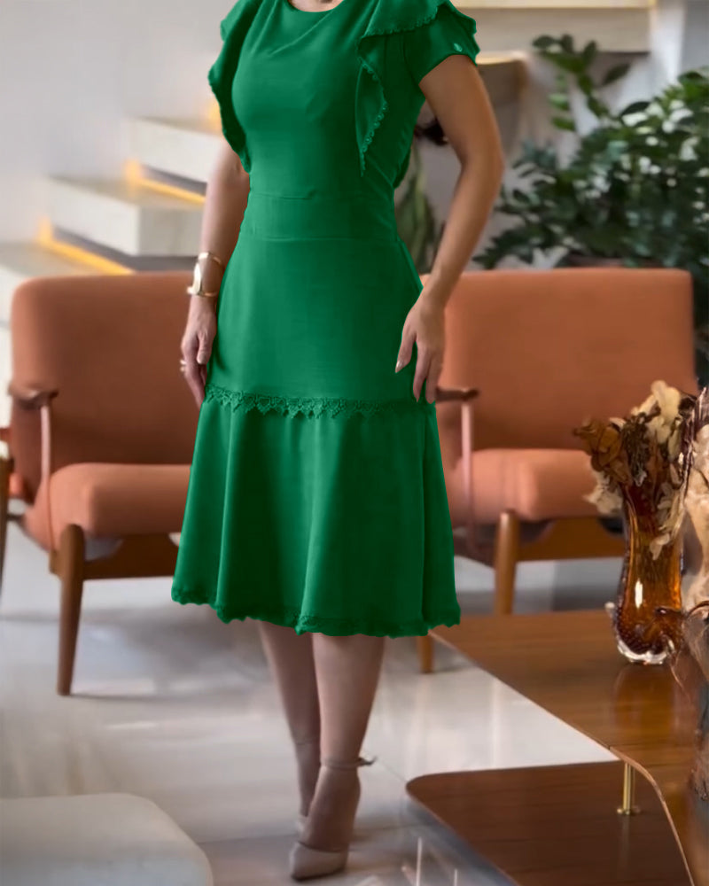 Butterfly Sleeve Hollow-out Back Shirred Work Dress Casual Cinched Waist Lace Trim Ruffle Hem Dress