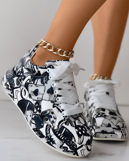 Lace-up Front Painting Print Platform Sneakers