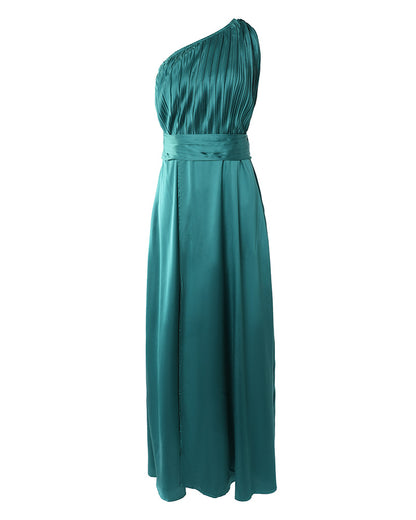 Women's One Shoulder Satin Maxi Dress Ruched High Waist Wrap Slit Elegant Evening Gown Formal Dress