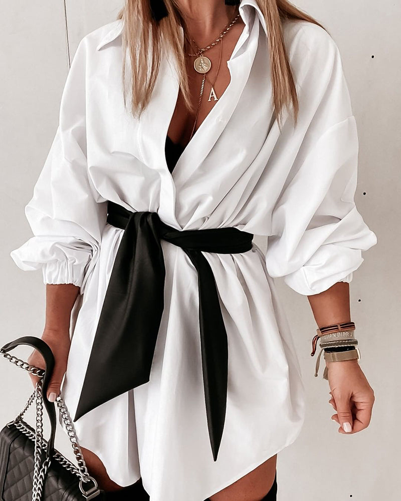 Turn-down Collar Long Sleeve Tied Detail Shirt Dress  Mini Dress with Belt