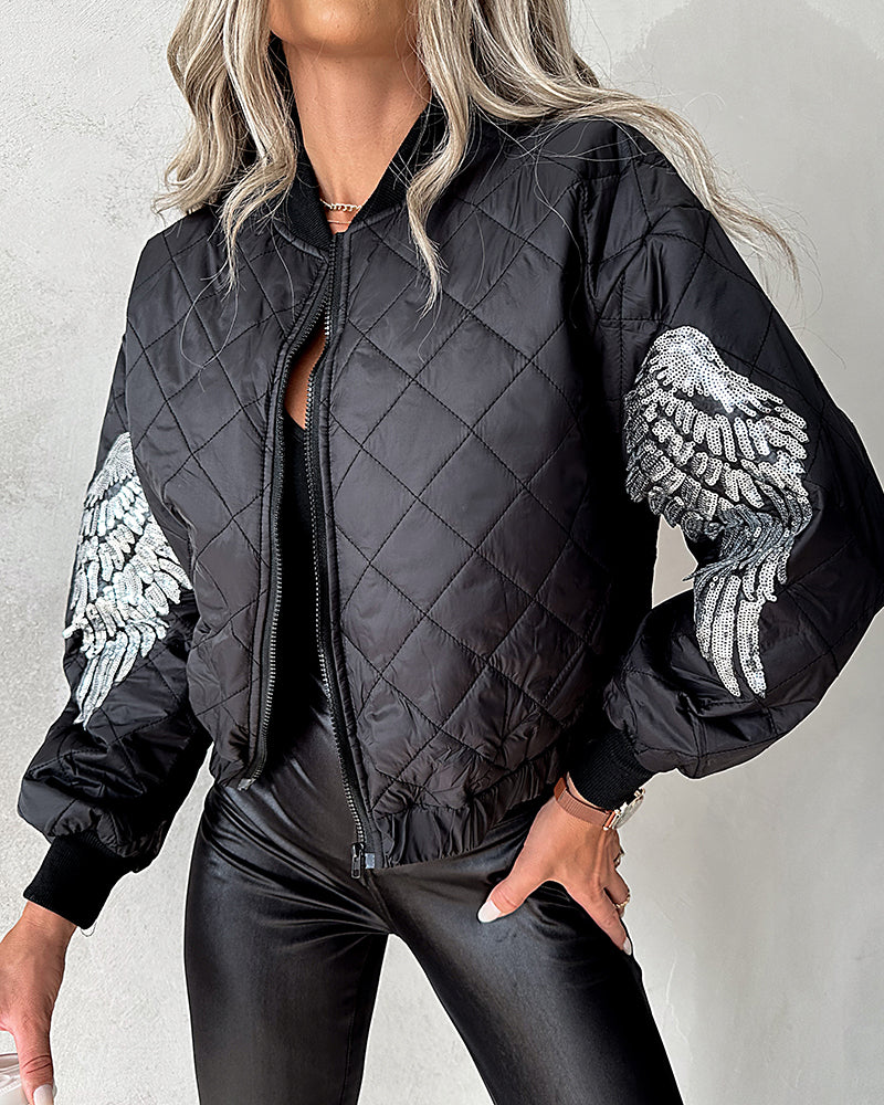 Sequin Wings Decor Argyle Pattern Baseball Collar Zip Up Jacket Casual Stretchy Hem Crop Padded Coat