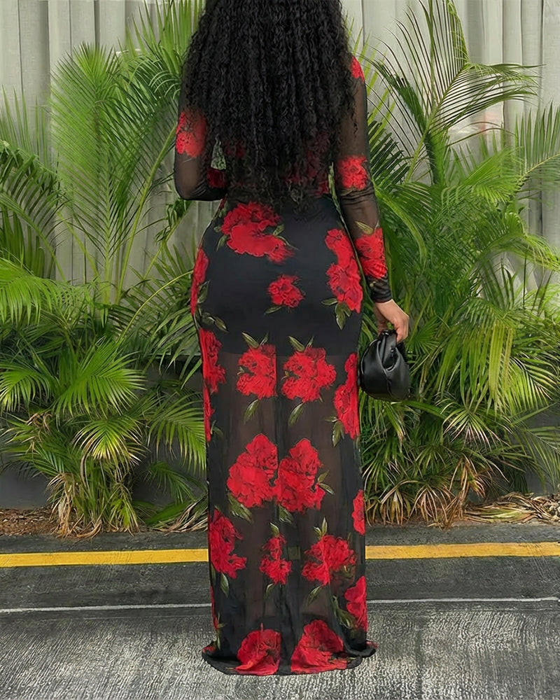 2 Pieces Outfit Floral Print Long Sleeve Tie Waist High Slit Sheer Mesh Maxi Dress with V-Neck Adjustable Spaghetti Straps Cami Mini Dress