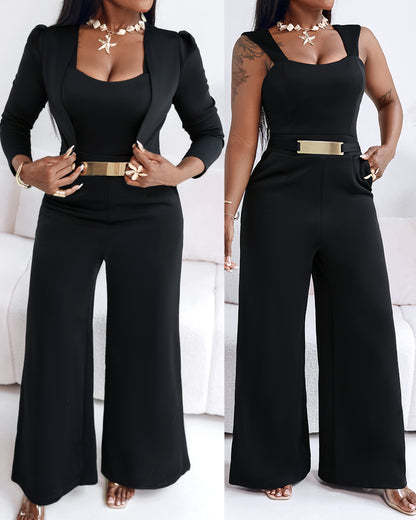 2 Pieces Outfit Metal Decor Square Neck Thick Strap Zipper Back Cinched Waist Wide Leg Jumpsuit And Casual Crop Cardigan Set