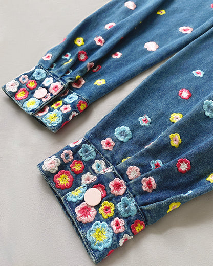 Women's Floral Embroidered Denim Jacket Colorful Button Down Jean Coat Casual Washed Shacket