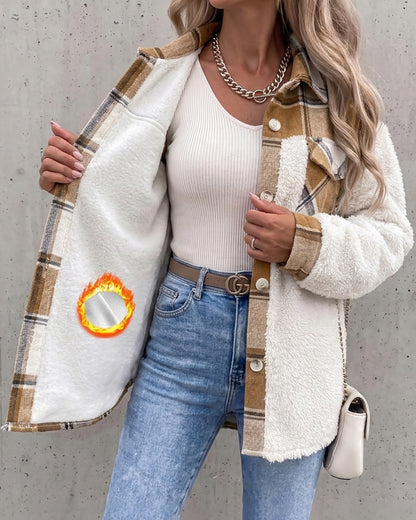 Veste polaire à carreaux pour femmes, veste décontractée à manches longues boutonnée en fausse peau de mouton