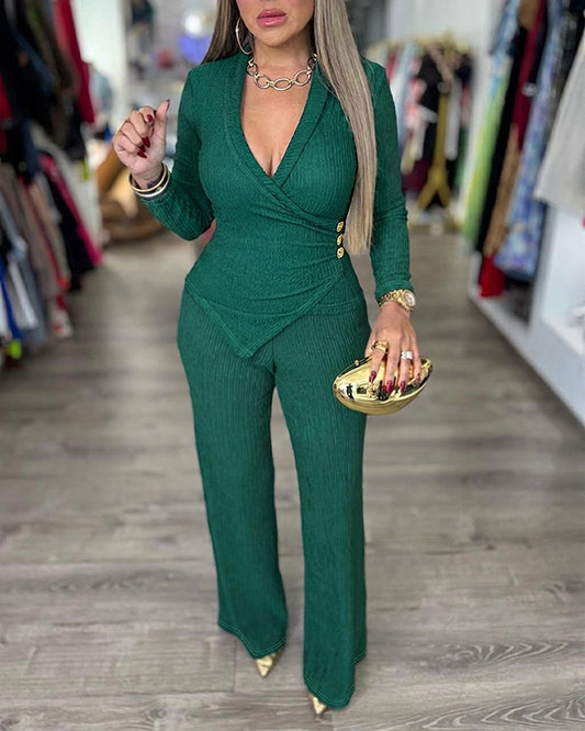 Women's Textured Knit 2 Piece Outfits Shawl Collar V Neck Wrap Top and High Waist Straight Leg Pants Set