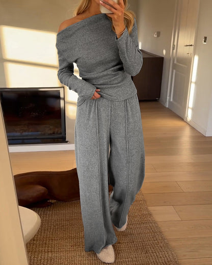 CHICME Women's 2-Piece Knit Set Skew Neck Long Sleeve Slim Fit Top and High-Waist Wide-Leg Pants Casual Soft Ribbed Lounge Set
