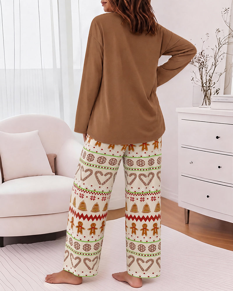 Women's Vintage Christmas Graphic Pajama Set Crew Neck Long Sleeve Top and Wide Leg Pants