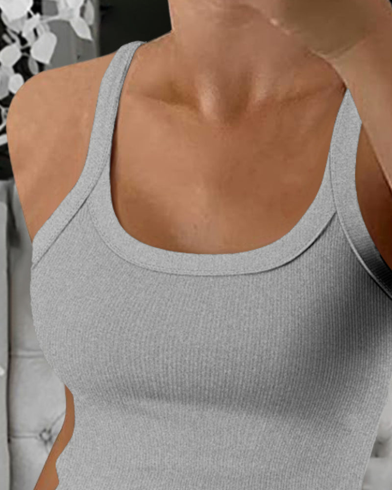 Scoop Neck Spaghetti Strap Ribbed Top Casual Sleeveless Slim Fit Tank