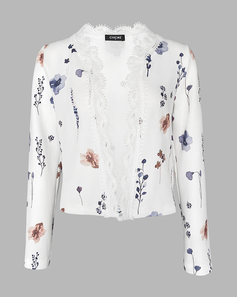 Floral Print Open Front Long Sleeve Casual Contrast Lace Short Cardigan