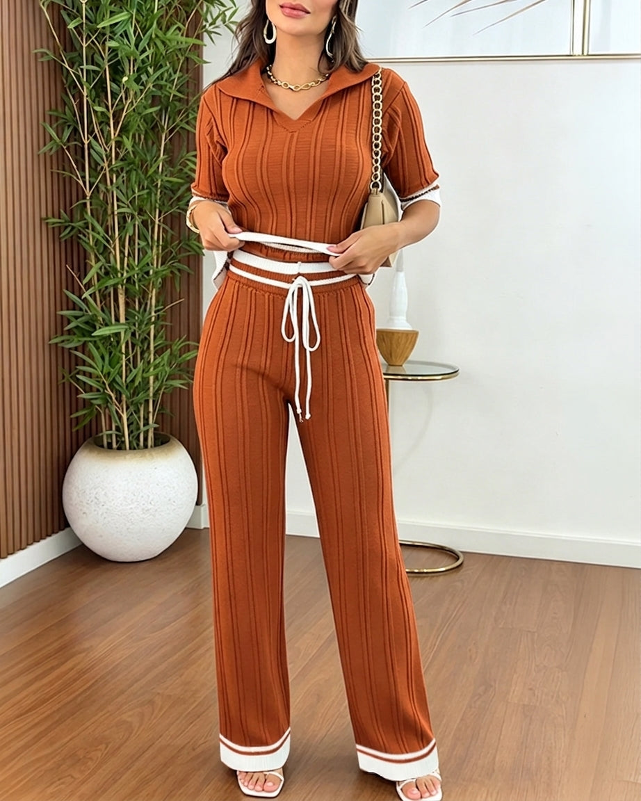 Women's Contrast Binding Two Piece Knit Set Short Sleeve Top and Drawstring Straight Leg Pants Casual Loungewear