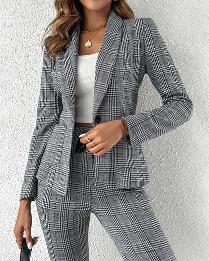 2 Piece Blazer Notched Collar Plaid Print Coat Drawstring Pants Set With Pockets Casual Suits