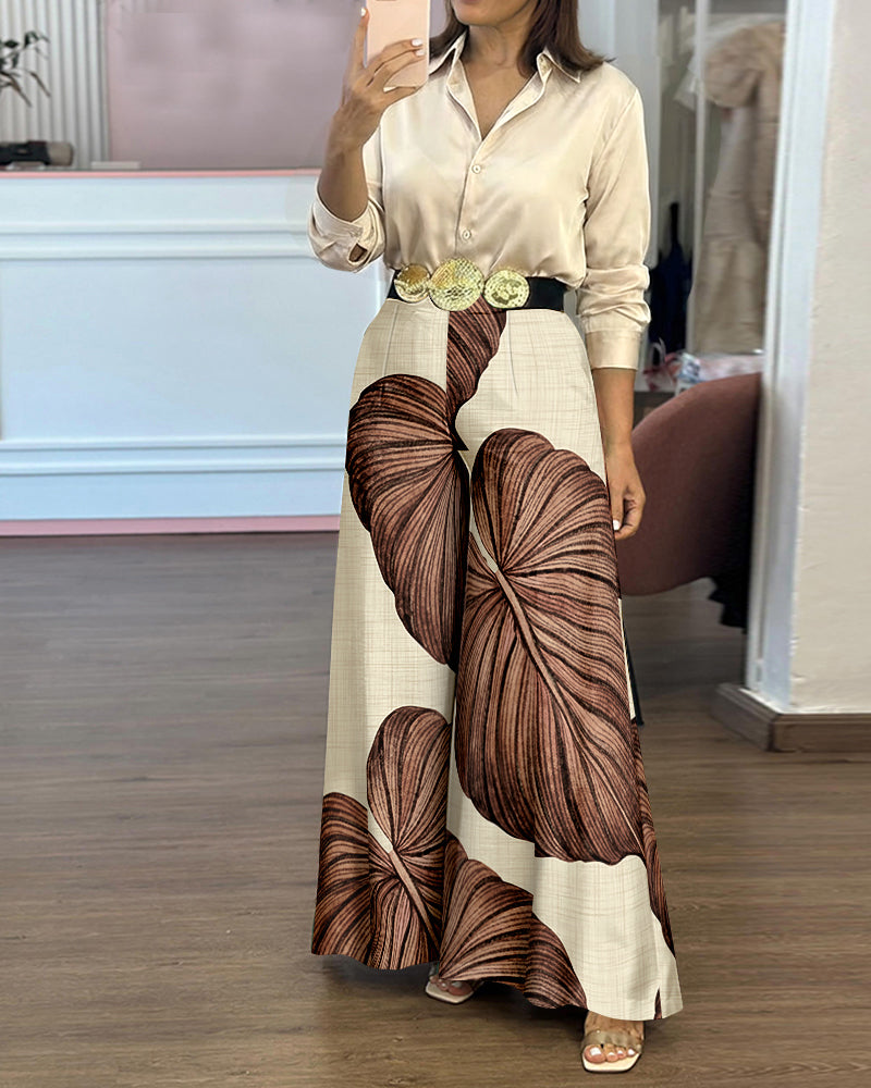2 Pieces Outfit Turn-down Collar Long Sleeve Button Front Satin Shirt and Vintage Leaves Print Elastic Back Waist Wide Leg Pants Set