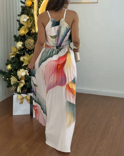 Floral Print Frill Trim Halter Sleeveless Shirred Waist Maxi Dress Elegant Adjustable Spaghetti Straps Cinched Waist Pleated Dress