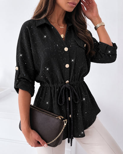 Women's Glitter Textured Drawstring Waist Roll-Up Sleeves Blouse