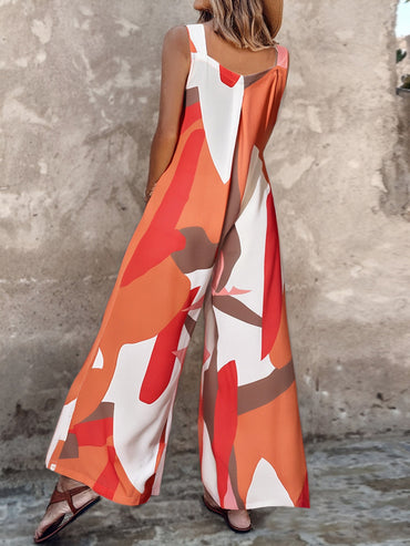 Geo Print Wide Leg Suspender Jumpsuit