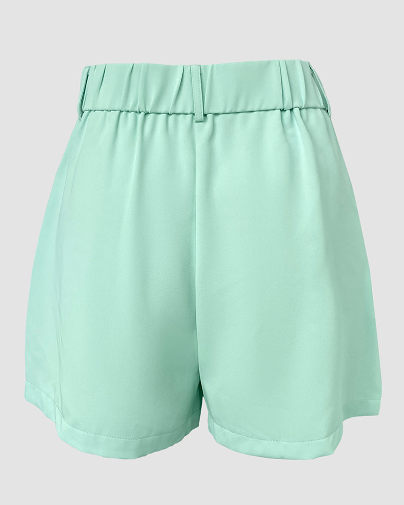 Bandeau Spaghetti Strap Golden-Button Back Shirred Top with Casual Shorts Set