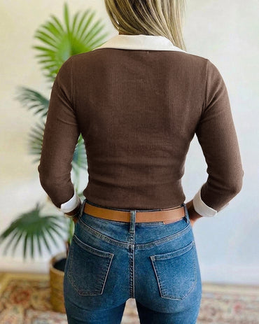 Women's Contrast Lapel Collar Faux Two-Piece Knit Top Long Sleeve Slim Fit Top