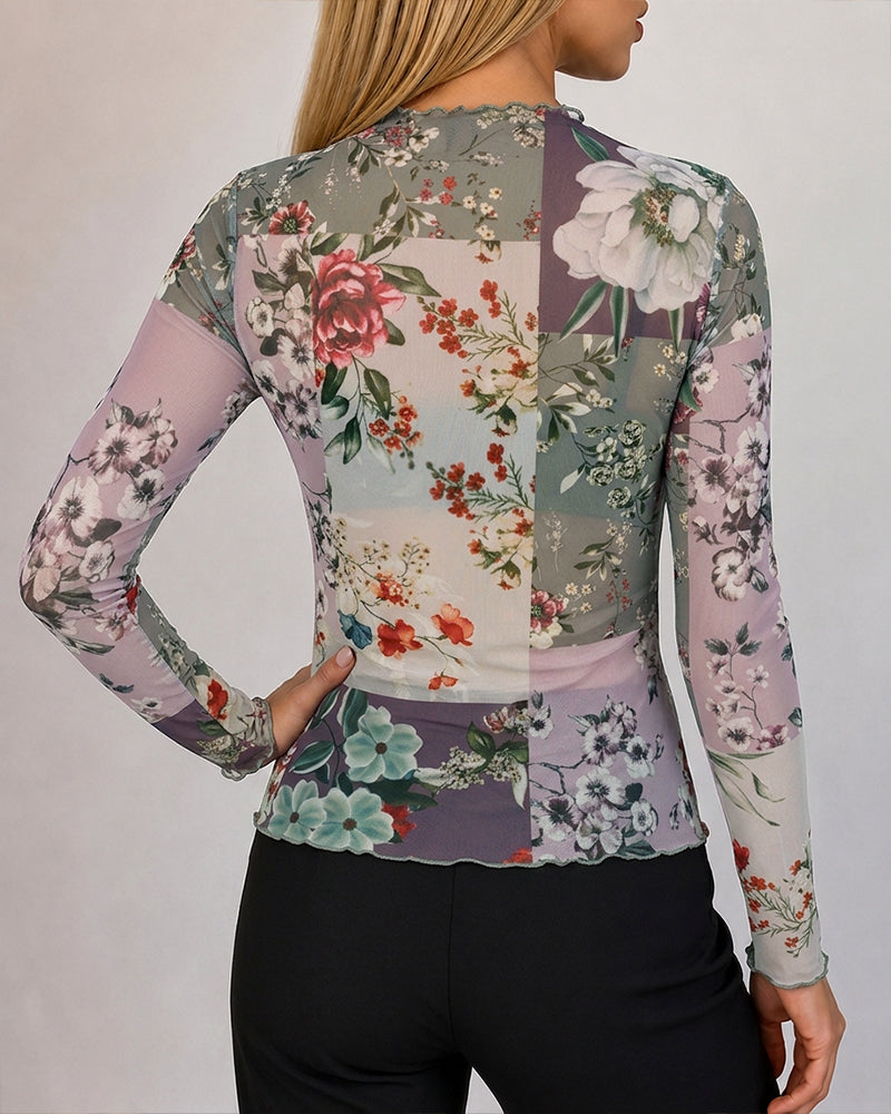 Women's Sheer Mesh Floral Print Mock Neck Frill Trim Long Sleeve Top